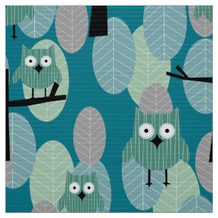 Spel Woodland Retro Uggla Mönster Teal Grått Grönt Tyg