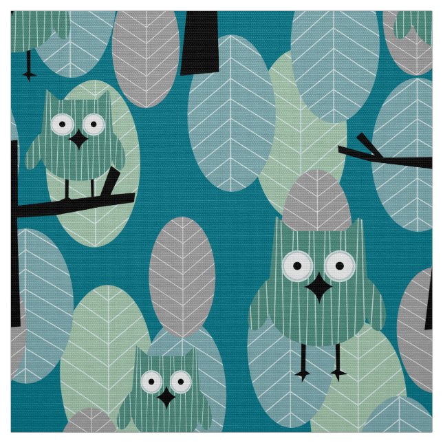 Spel Woodland Retro Uggla Mönster Teal Grått Grönt Tyg (Provkarta)