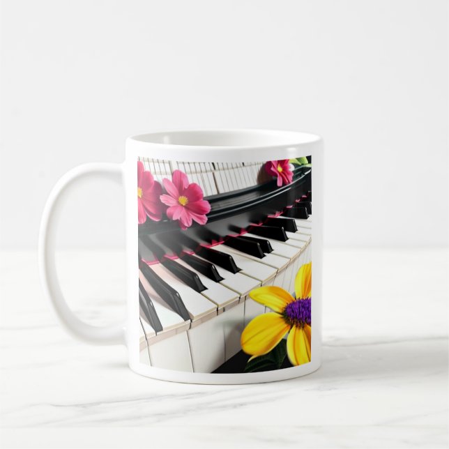Spela bara | Piano och färgglada blommor Kaffemugg (Vänster)