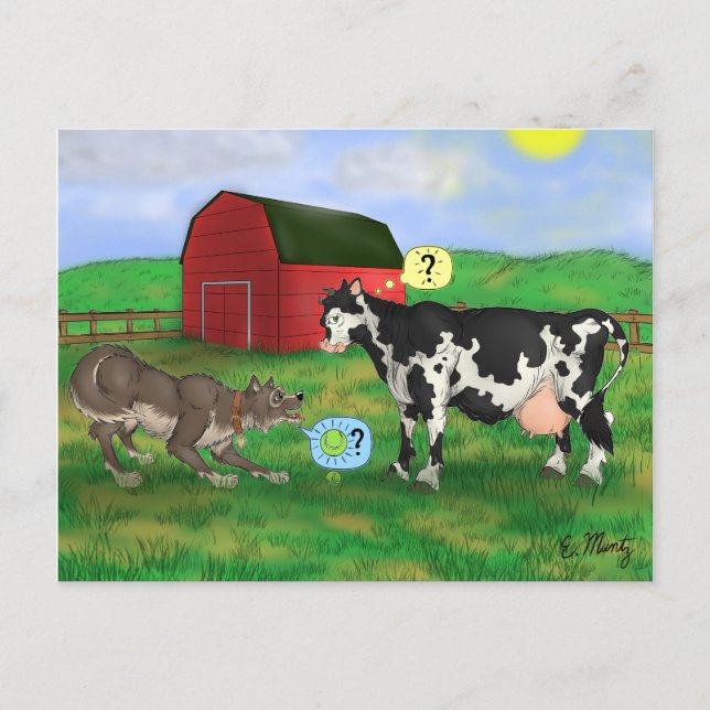 "Spela?" - hund och ko. Vykort (Framsida)