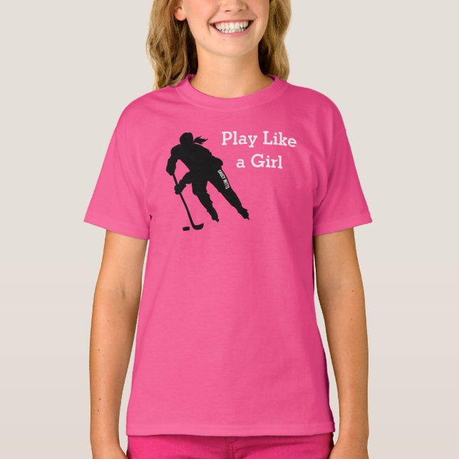 Spela som en tjej Hockey Rosa T-Shirt (Framsida)