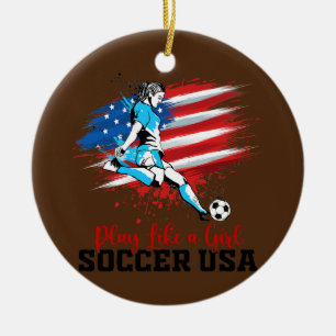 Spela som en tjej USA: s fotbollslag American Flag Julgransprydnad Keramik