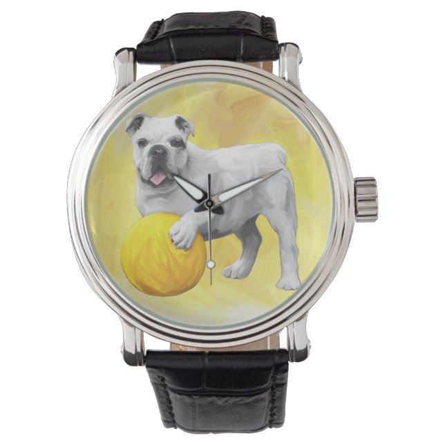 Spela upp bulldog med Boll Watercolor Art Painting Armbandsur (Framsida)