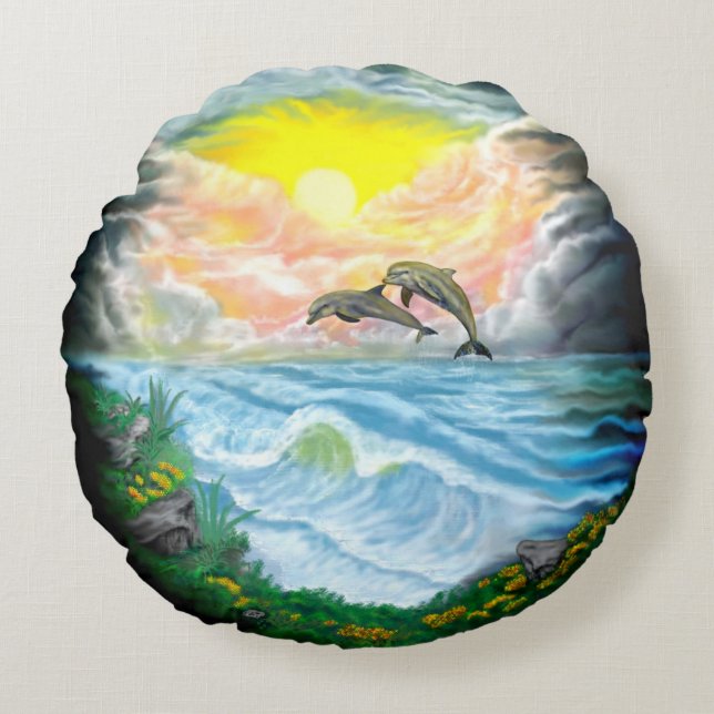 Spela upp delfiner i Sunshine Rund Kudde (Framsidan)