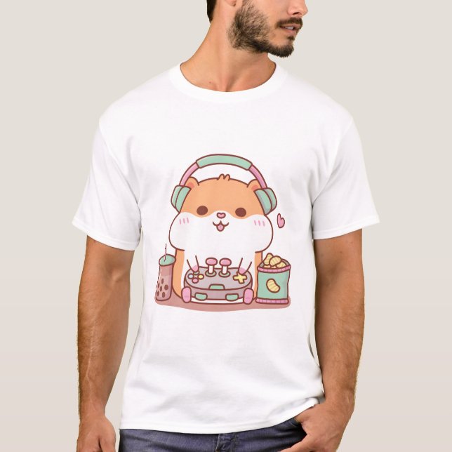 Spela videospel i Cute Knubbig Hamster Gamer T Shirt (Framsida)