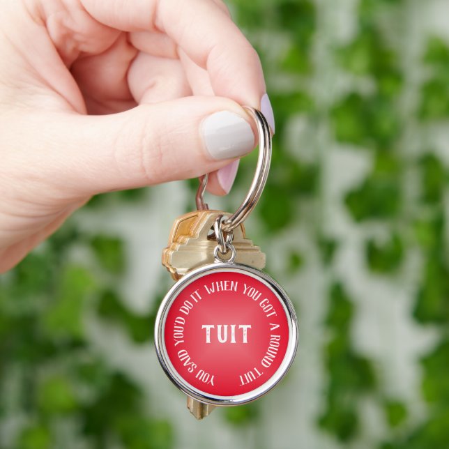 Spelad röd övertoning "A Round Tuit" Rund Silverfärgad Nyckelring (Hand)