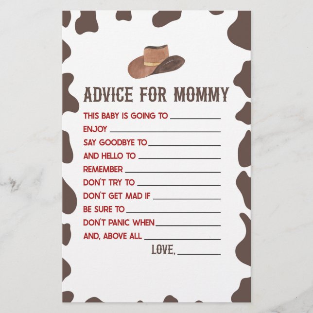Spelaktivitet i Cowboy Rodeo Advice Baby Shower Ga Brevpapper (Framsida)