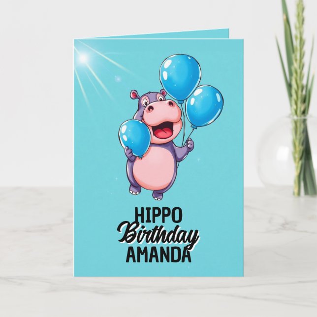 Spelande blå ballonger Hippo Birthday Kort (Framsida)
