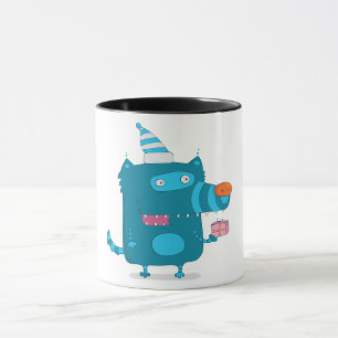 Spelande blå Tecknad Monster med Party Hat Mugg