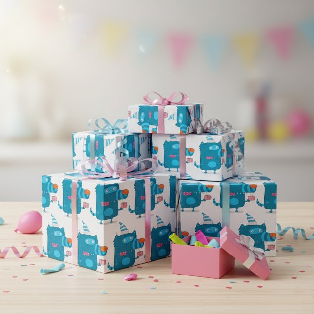 Spelande blå Tecknad Monster med Party Hat Presentpapper (Skapare uppladdad)