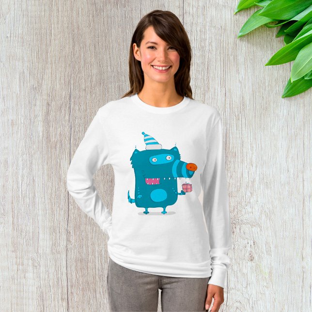 Spelande blå Tecknad Monster med Party Hat T Shirt (Skapare uppladdad)