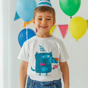 Spelande blå Tecknad Monster med Party Hat T Shirt