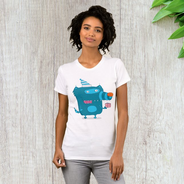 Spelande blå Tecknad Monster med Party Hat T Shirt (Skapare uppladdad)