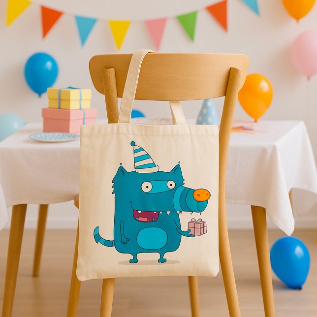 Spelande blå Tecknad Monster med Party Hat Tygkasse (Skapare uppladdad)