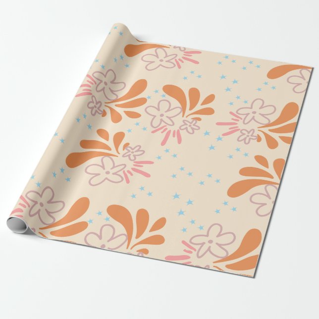 Spelande Blommigt med stjärndekortecken i orange o Presentpapper (Utrullad)
