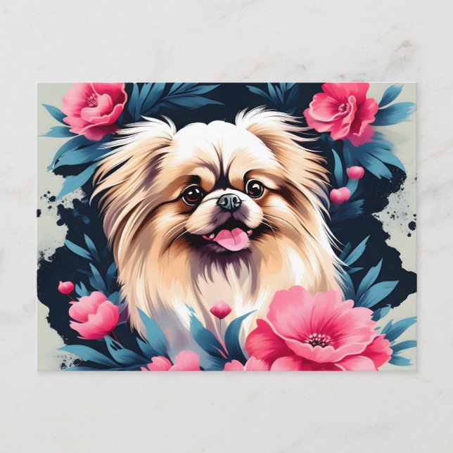 Spelande Blommigt Pekingese Hund Vykort (Framsida)