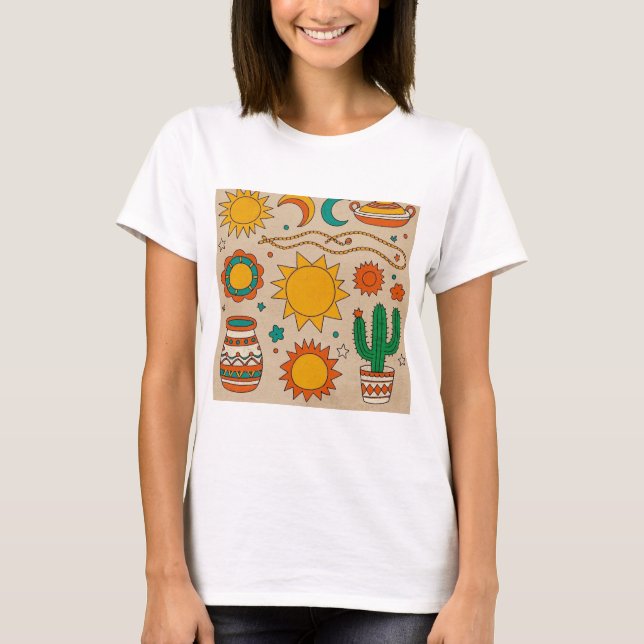 Spelande bohemisk Mönster Handdragen sol, måne T Shirt (Framsida)
