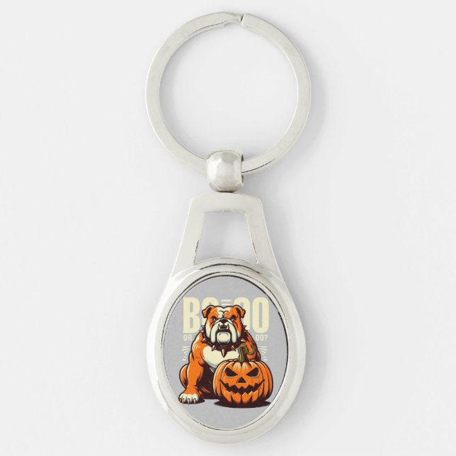 Spelande Bulldog-konst: Boo eller Bulldog? Ovalt Silverfärgad Nyckelring (Framsidan)