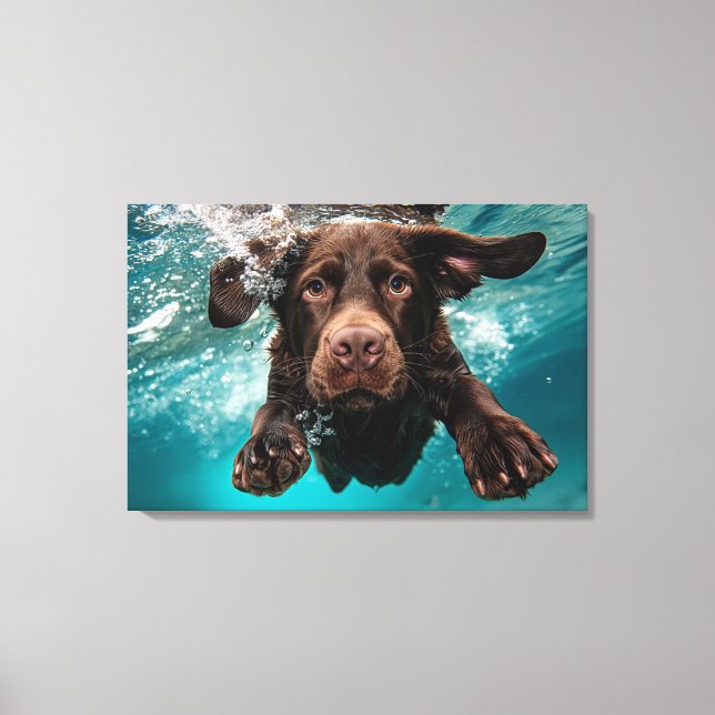 Spelande Chocolate Labrador Swimming Underwater Canvastryck (Framsida)