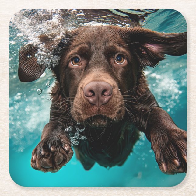 Spelande Chocolate Labrador Swimming Underwater Underlägg Papper Kvadrat (Framsidan)