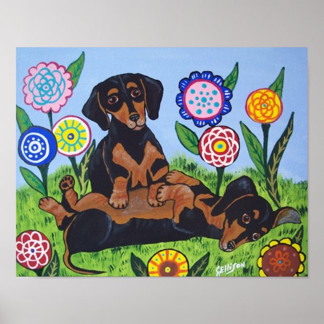 Spelande Dachshunds Art-utskrift Poster (Framsidan)