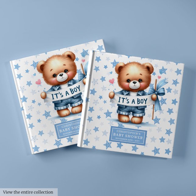 Spelande Det är en nalle gäst bok keepé (Playful It’s a boy teddy bear guest book keepsake gift)