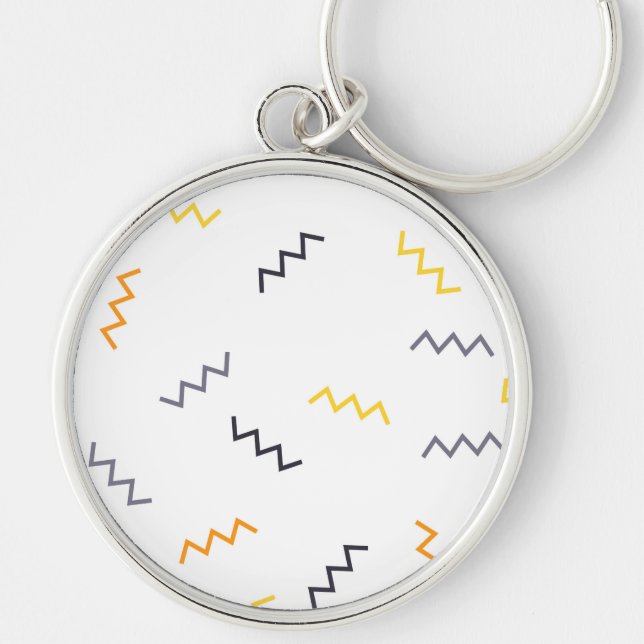 Spelande, färglöst, trendig, modern memphis zigzag rund silverfärgad nyckelring (Framsidan)