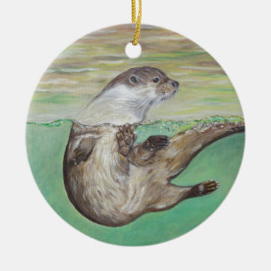 Spelande flod Otter-målning Julgransprydnad Keramik