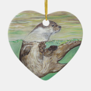 Spelande flod Otter-målning Julgransprydnad Keramik