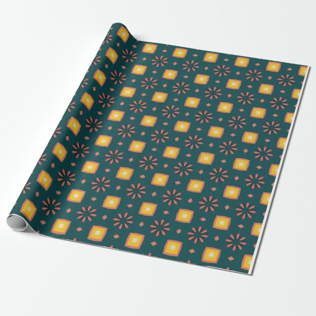 Spelande geometri mönster på blå bakgrund presentpapper (Utrullad)