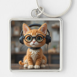 Spelande Ginger Cat Fyrkantig Silverfärgad Nyckelring