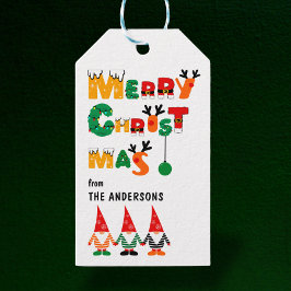 Spelande Gnomes Whimsical Typsnitt God jul Presentetikett