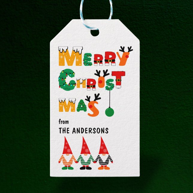 Spelande Gnomes Whimsical Typsnitt God jul Presentetikett (Skapare uppladdad)