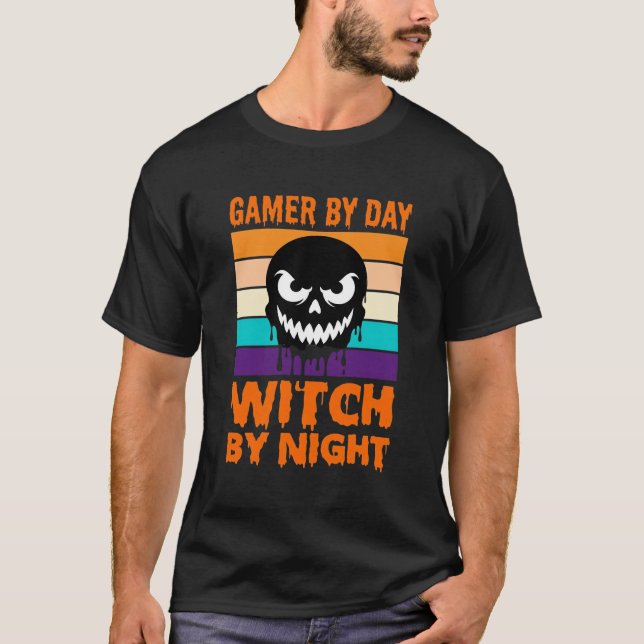Spelande Häxa Halloween Retro Dödskalle T Shirt (Framsida)