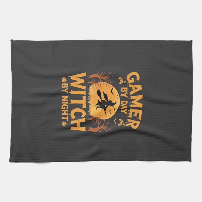 Spelande Häxa Halloween Speldesign Kökshandduk (Horisontell)