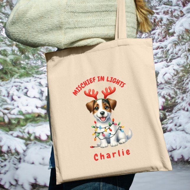 Spelande Hund av julfärgsfärg Cute Jack Russell Tygkasse (Carry festive cheer with this custom fun Jack Russell dog tote bag. A perfect gift for dog lovers.)