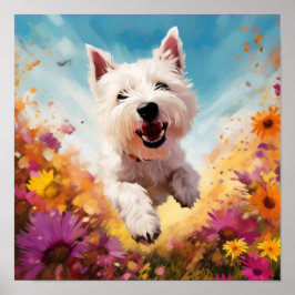 Spelande Hund genom färgblommor Poster