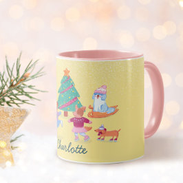 Spelande Hundar Ice Skating Pastel Gult Namn Mugg