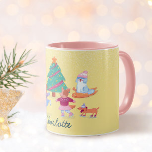 Spelande Hundar Ice Skating Pastel Gult Namn Mugg