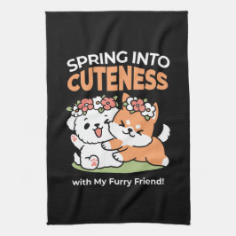 Spelande Hundar med Flower Krona - Roligt Vår tema Kökshandduk