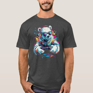 Spelande isbjörn Färgglatt headset Art Gamer Polar T Shirt