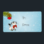 Spelande Kattunge i en röd julklapp Fraktsedel<br><div class="desc">Gift-etiketter med ett lustigt och sött jultema. Ett eländigt och lekfullt kattunge. Hon ser en dekoration i julgran hängande från en gren i gräs och undrar om hon ska leka med den eller inte. Sätt på en snöflingbakgrund. Texten säger: God jul i ett typsnitt.</div>