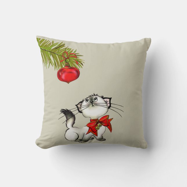 Spelande Kattunge i en röd julklapp Kudde (Framsida)