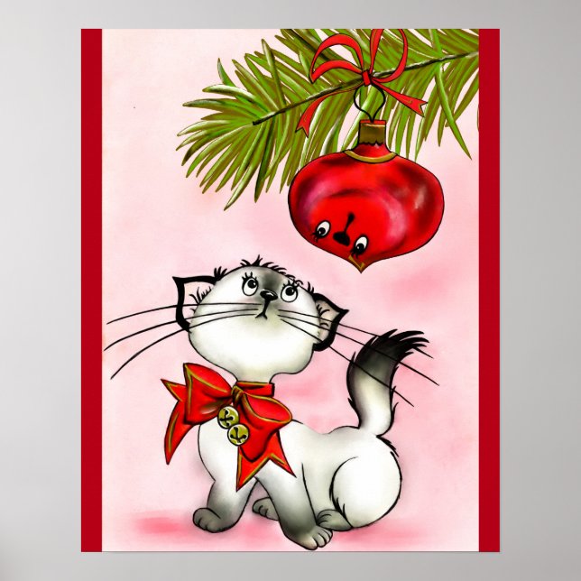Spelande Kattunge i en röd julklapp Poster (Framsidan)