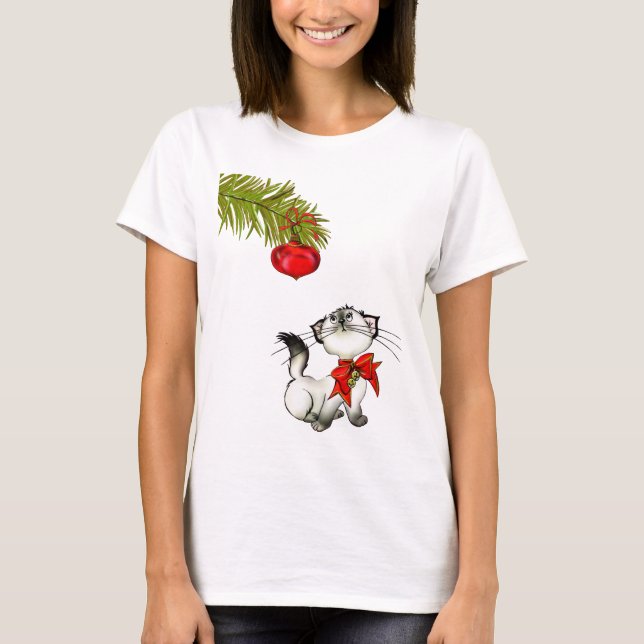 Spelande Kattunge i en röd julklapp T Shirt (Framsida)