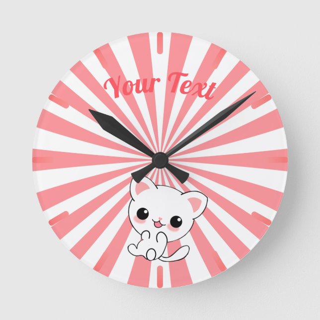 Spelande Kawaii White Kitten-Anpassningsbar Rund Klocka (Framsida)