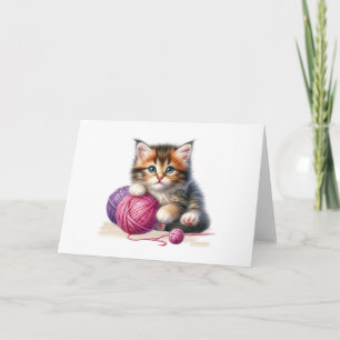 Spelande Kitten Lila Rosa Yarn Blank Hälsning Kort