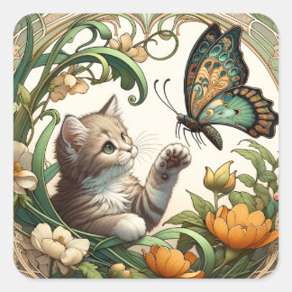 Spelande Kitten och Butterfly Art nouveau Fyrkantigt Klistermärke