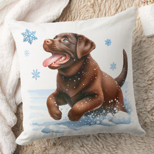 Spelande Labrador Retriever Snöflingor Puppy Hund Kudde