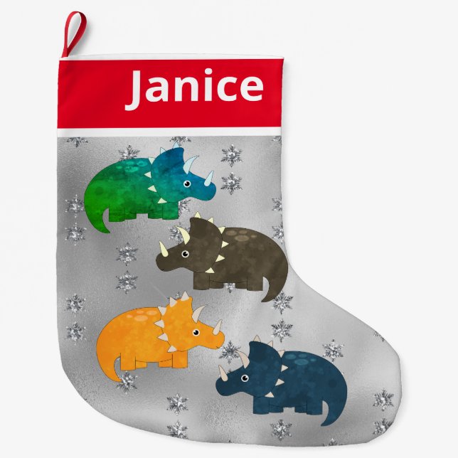 Spelande Multifärgad dinosaurier på Silver Stor Julstrumpa (Framsidan)